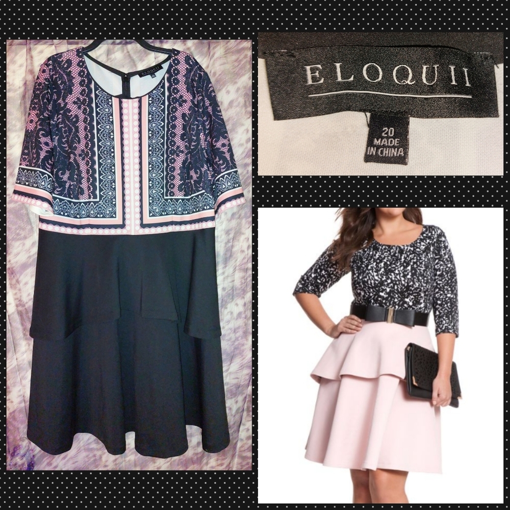 Eloquii Black/Pink/Multicolor Lace Print Tiered Skirt Scuba Knit Dress Sz 20